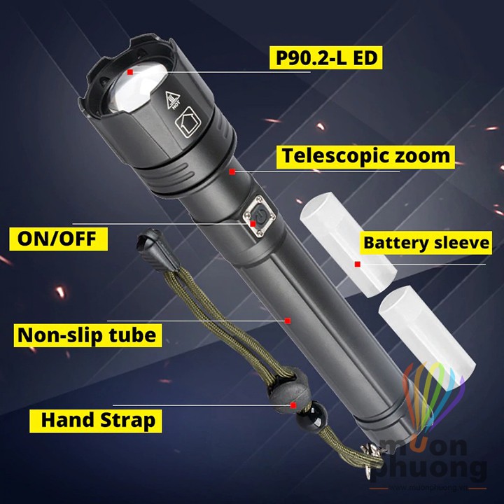 Đèn pin siêu sáng LED P90 zoom size lớn chuyên dụng kèm pin sạc USB chống nước dã ngoại - MUÔN PHƯƠNG SHOP