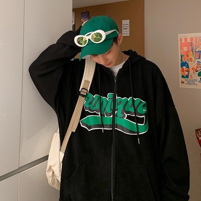 Áo khoác có nón in chữ phong cách Hong Kong cho nam