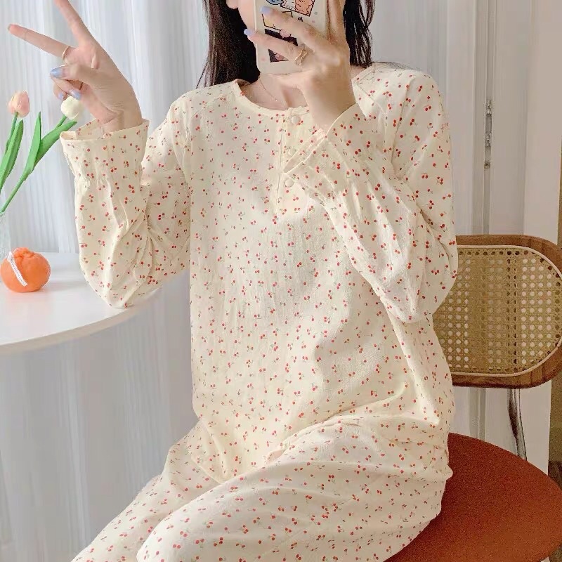 Bộ ngủ dài tay tiểu thư hoạ tiết cherry cotton gai