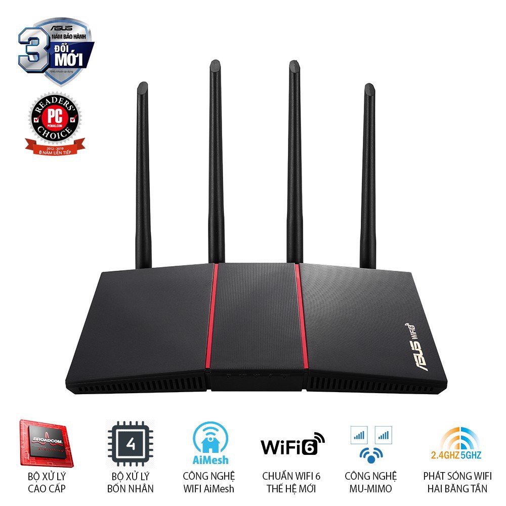 Router ASUS RT-AX55 Black Wifi 6 AX1800 2 băng tần