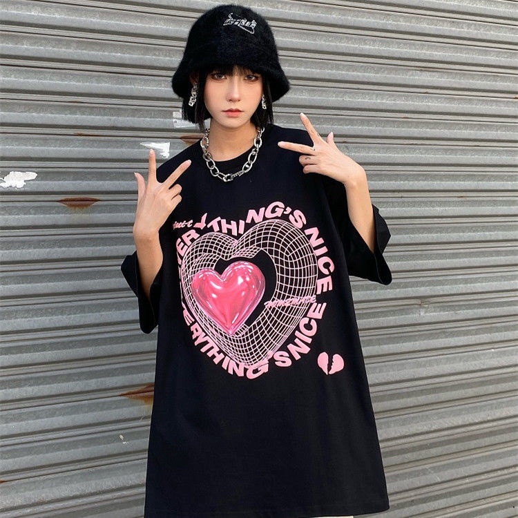 Áo thun nữ ngắn tay in hình trái tim phong cách Hàn Quốc