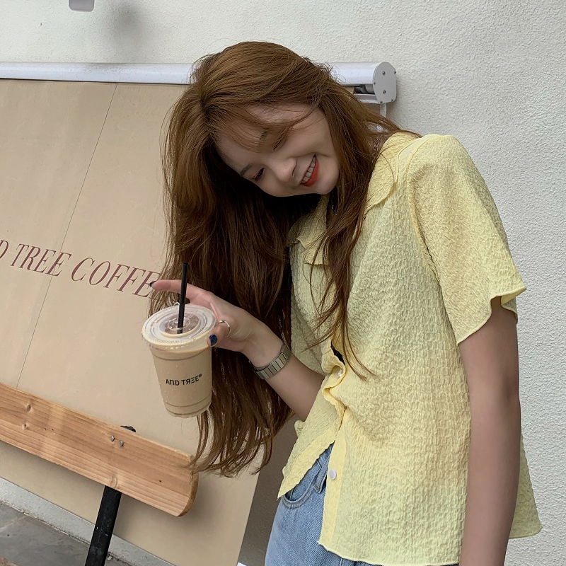 Áo Sơ Mi Tay Ngắn Màu Trơn Phong Cách Hàn Quốc Cho Nữ