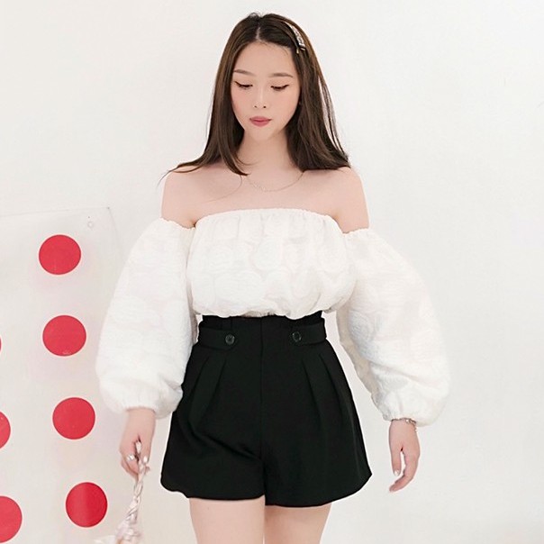 Áo trễ vai croptop tay rời vân hoa hông trắng tingoan VALENTINA OFF/WH