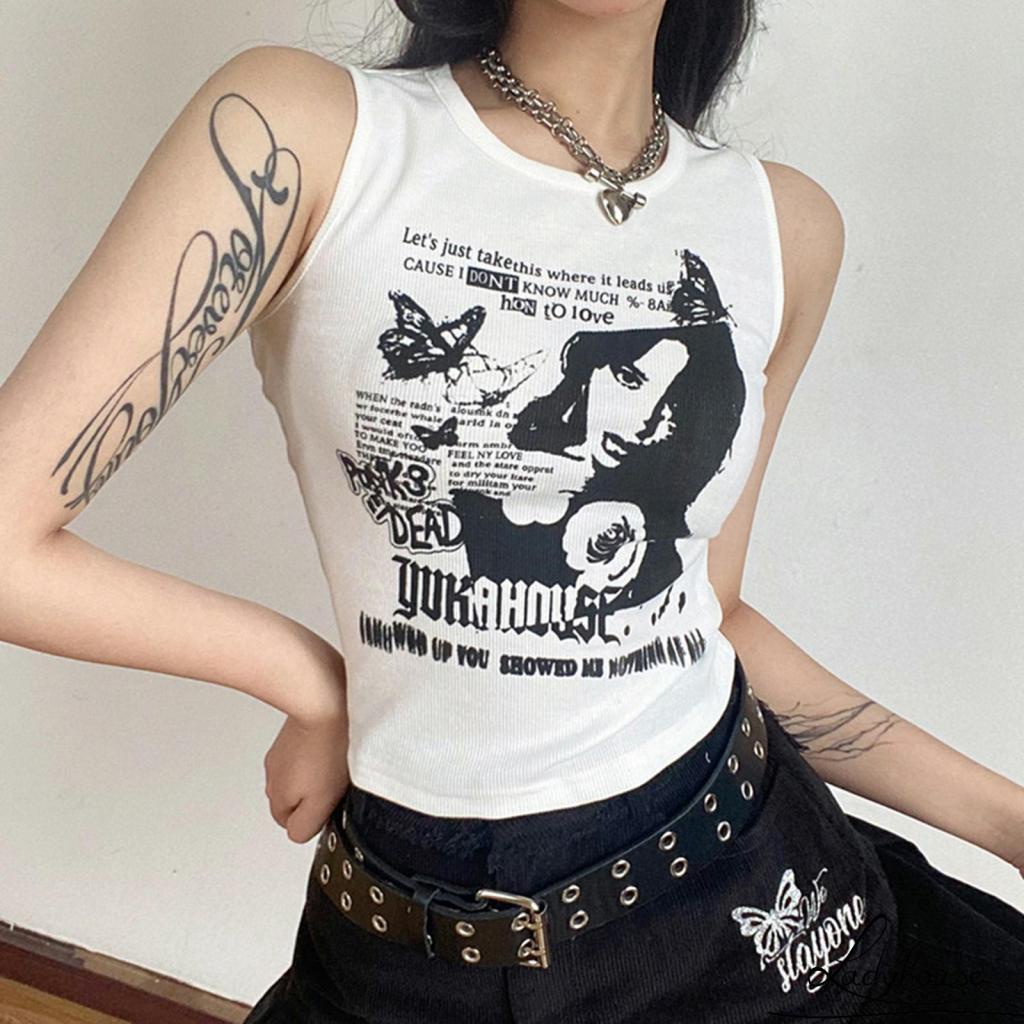 Áo Croptop Sát Nách Cổ Tròn In Họa Tiết Bướm Và Chữ Thời Trang Mùa Hè Cho Nữ