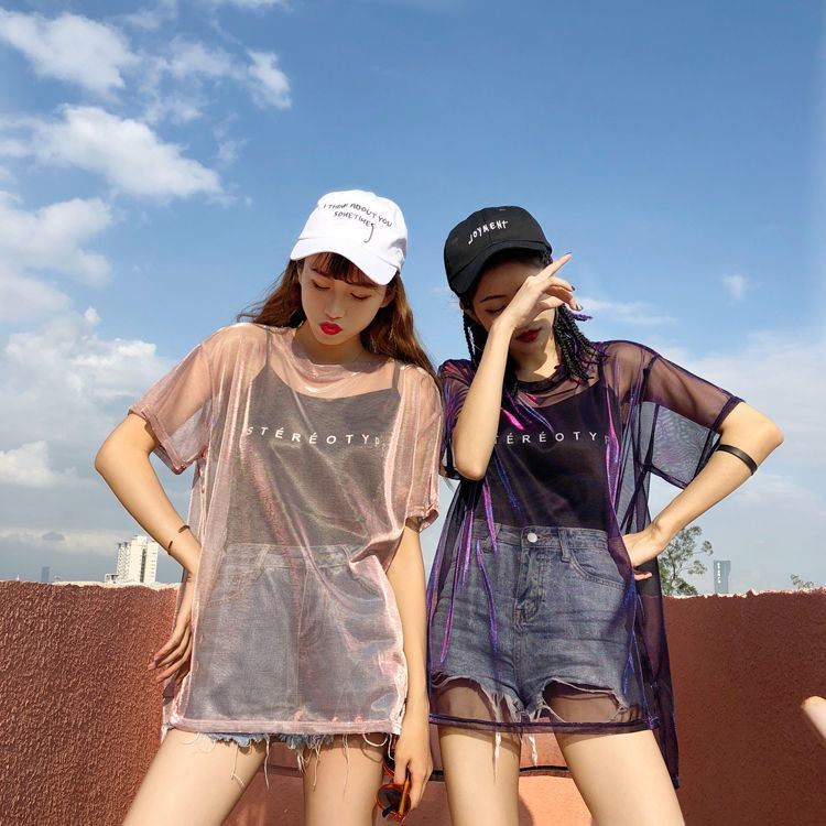 Áo Lưới Lụa Sáng Màu Chống Nắng Dáng Rộng Xuyên Thấu + Áo Hai Dây Cỡ Lớn Phong Cách Hàn Quốc Cho Nữ
