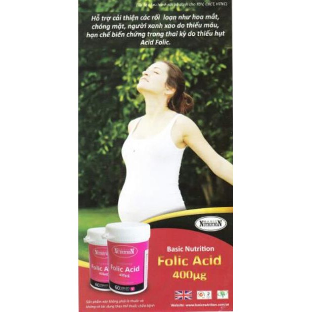 [Giá Gốc]  Basic Nutrition Folic Acid - Hộp 60 viên