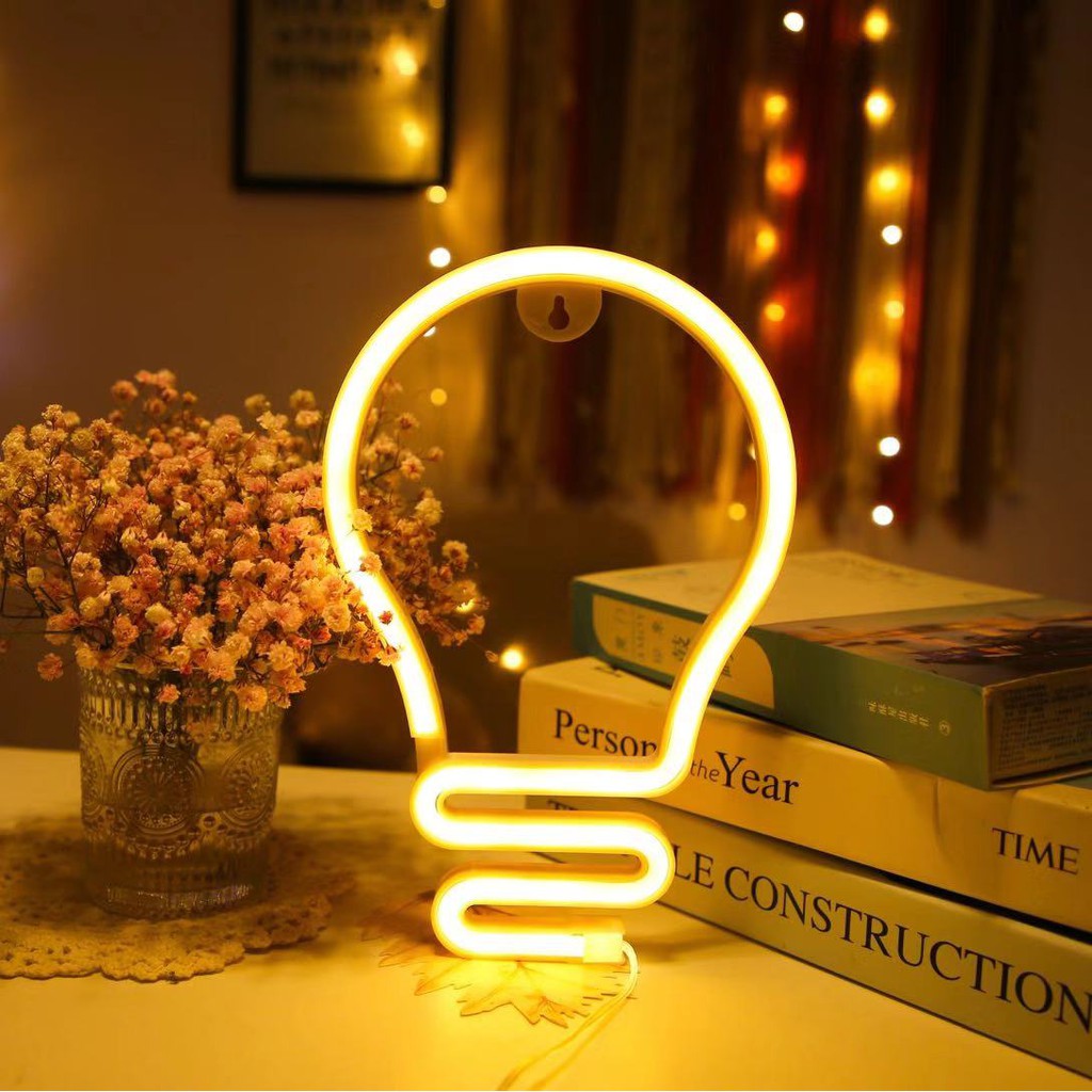 [TẶNG MÓC TREO ]Đèn Led Neon trang trí hình bóng đèn dùng pin hoặc USB -decor phòng học, quán cafe, phòng ngủ MOXI.
