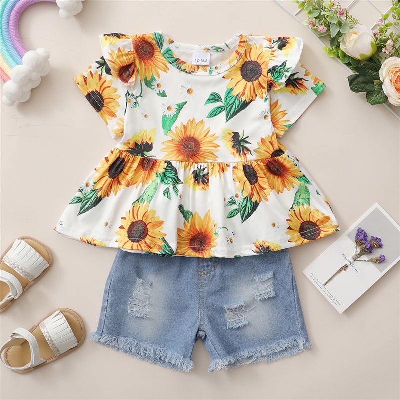 Set áo tay ngắn in hoa + quần denim MIKRDOO phong cách thời trang mùa hè cho bé gái