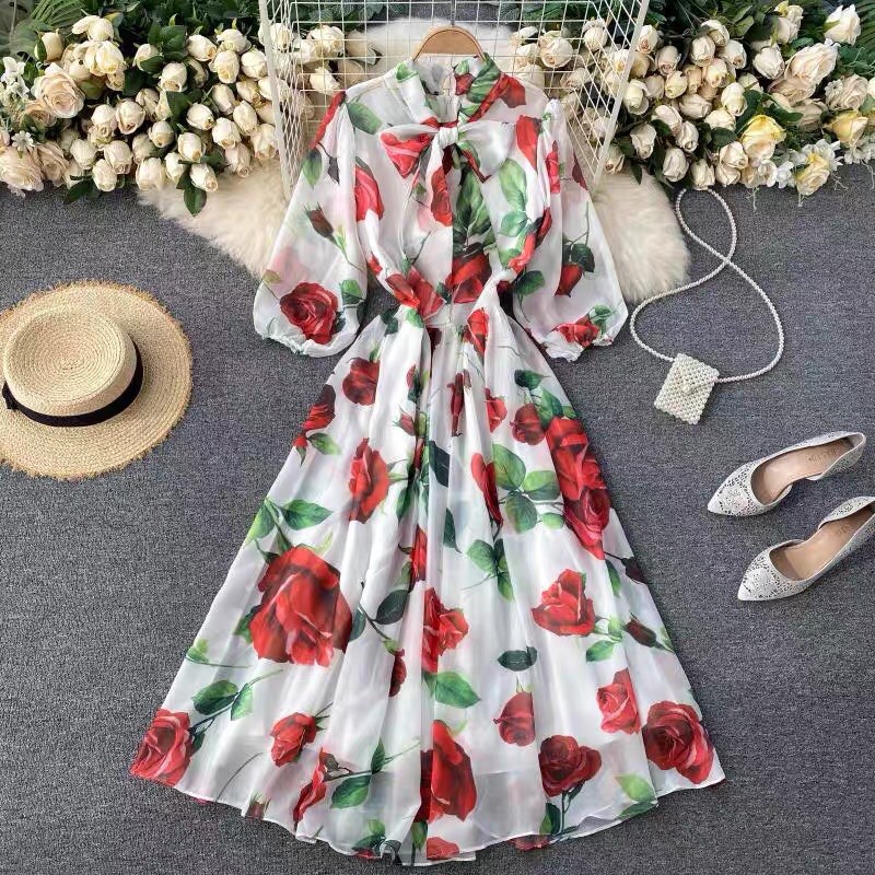 [HÀNG ORDER] Đầm maxi voan hoa hồng cổ nơ tay bồng tiểu Vintage