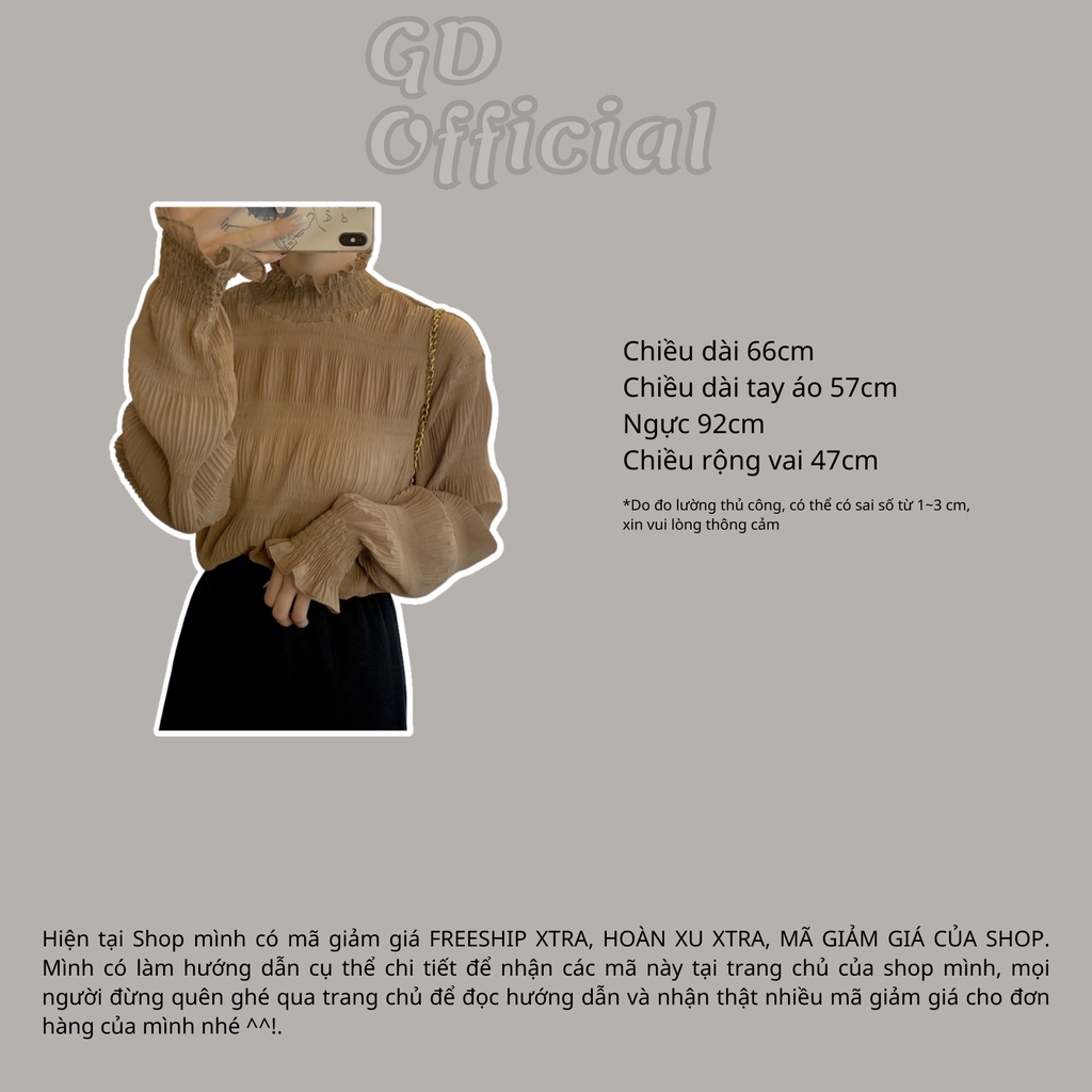 AT1|Áo sơ mi voan cổ cao lọ đứng mặc bên trong áo len tay bèo phồng thun dài ren trắng đen nâu GD Official | BigBuy360 - bigbuy360.vn