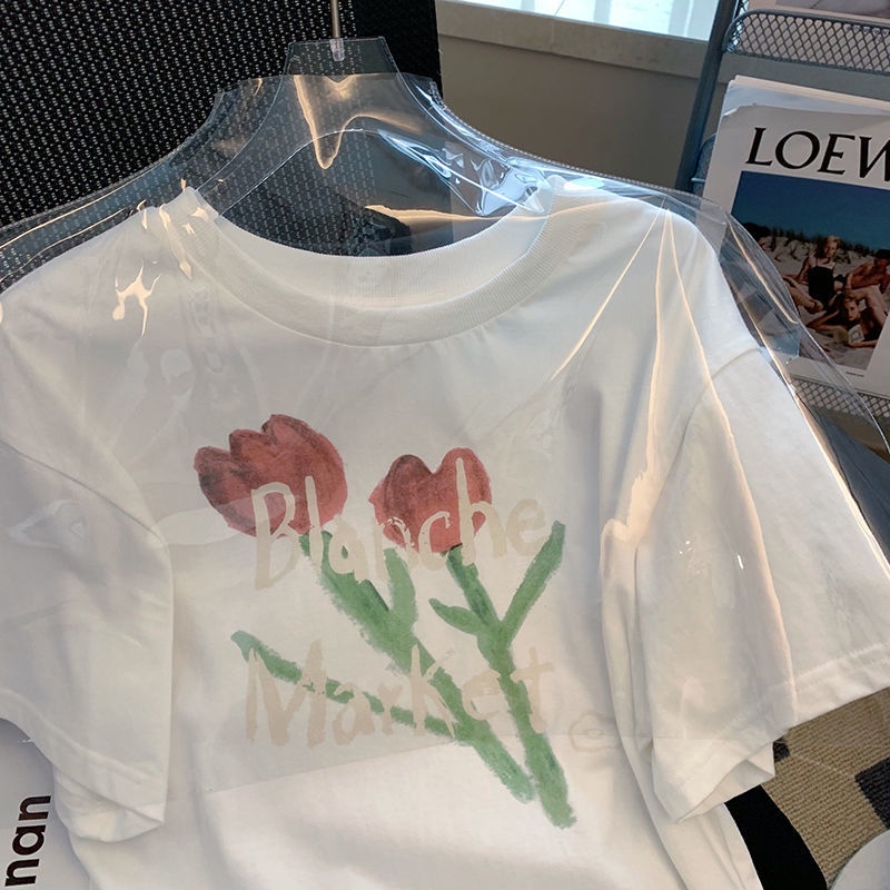 Áo Thun Cotton Cổ Tròn Tay Ngắn Màu Trắng Họa Tiết Hoa Hồng Phong Cách Mới Dành Cho Nữ