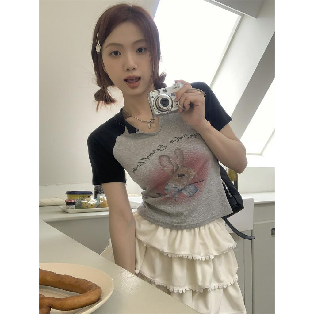 Áo Thun Dáng Ôm Ngắn Tay In Hình Thỏ Màu Sắc Tương Phản Thời Trang Cá Tính 6349