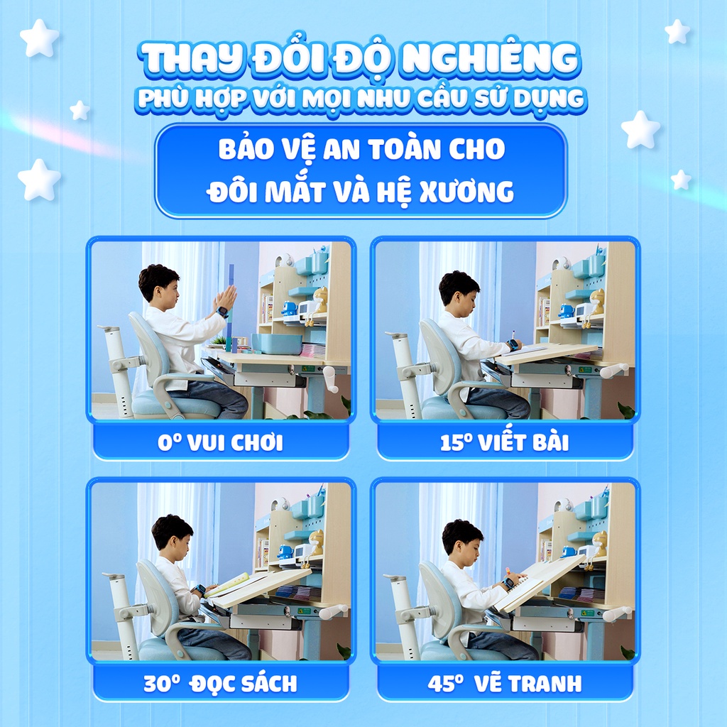 Bàn học cho bé cao cấp Chilux Smart D chống gù, chống cận, nâng hạ chiều cao, thay đổi độ nghiêng, kệ sách lớn