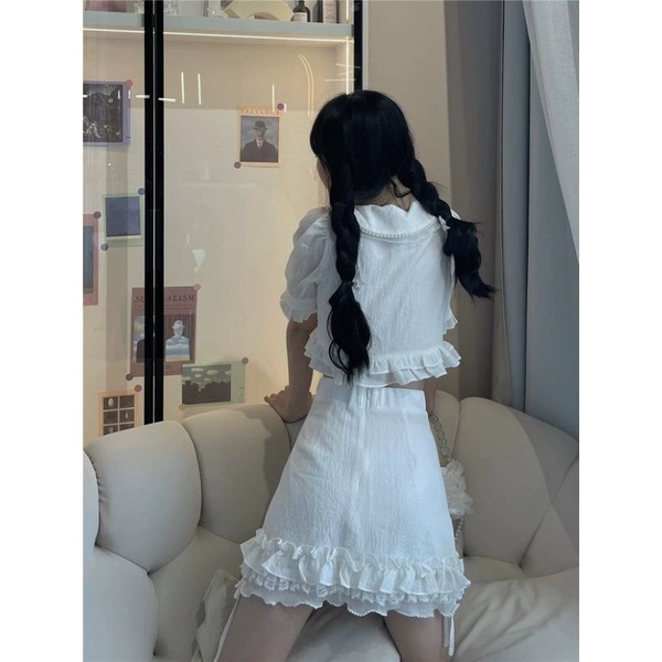 Set áo croptop cổ bẻ + chân váy chữ A viền bèo lolita xanh pastel trắng oder taobao