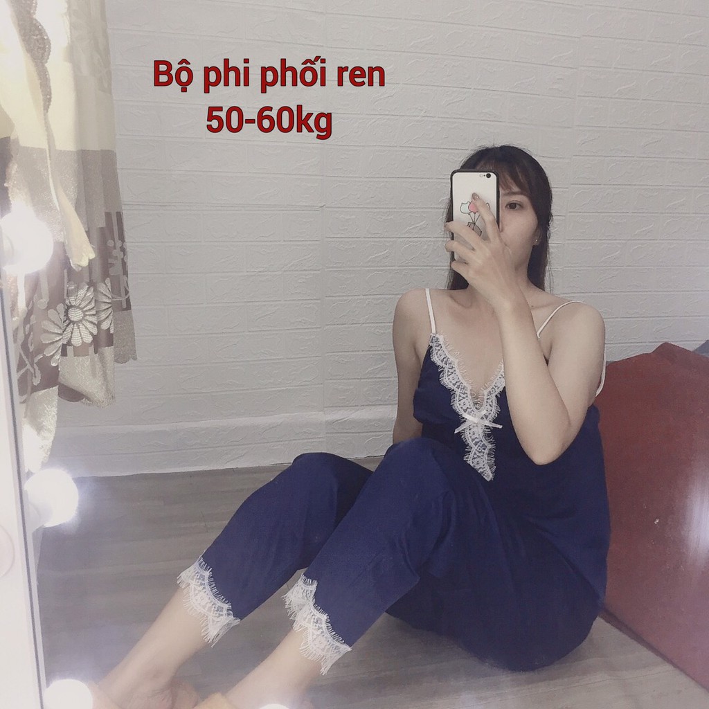 55-62kg Bộ phi lụa mềm hai dây phối ren cao cấp vải phi dai nhẹ