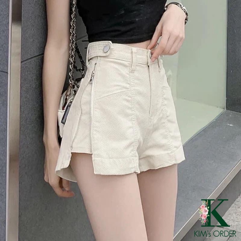 Quần short jean nữ màu đen be lưng cao phối khoá sườn cực chất phong cách cá tính xu hướng thời trang Hàn Quốc