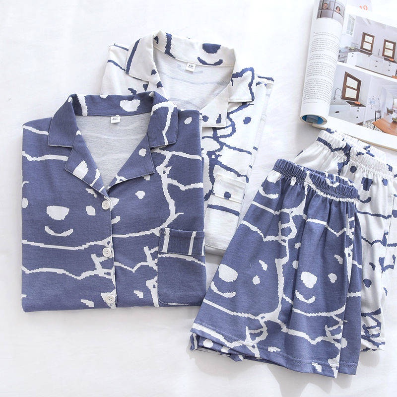 NSới có thể mặc dễ thương Gấu gấu lỏng lẻo Quần short cardigan ngắn tay đồ ngủ mỏng nữ mùa hè lưới màu đỏ phù hợp với ha