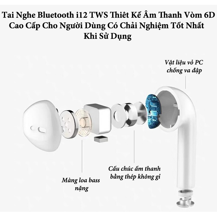 [ BIG SALE ] TAI NGHE BLUETOOTH I12 2021 , TAI NGHE , BLUETOOTH MINI , TẶNG CÓC SẠC , CÁP SẠC