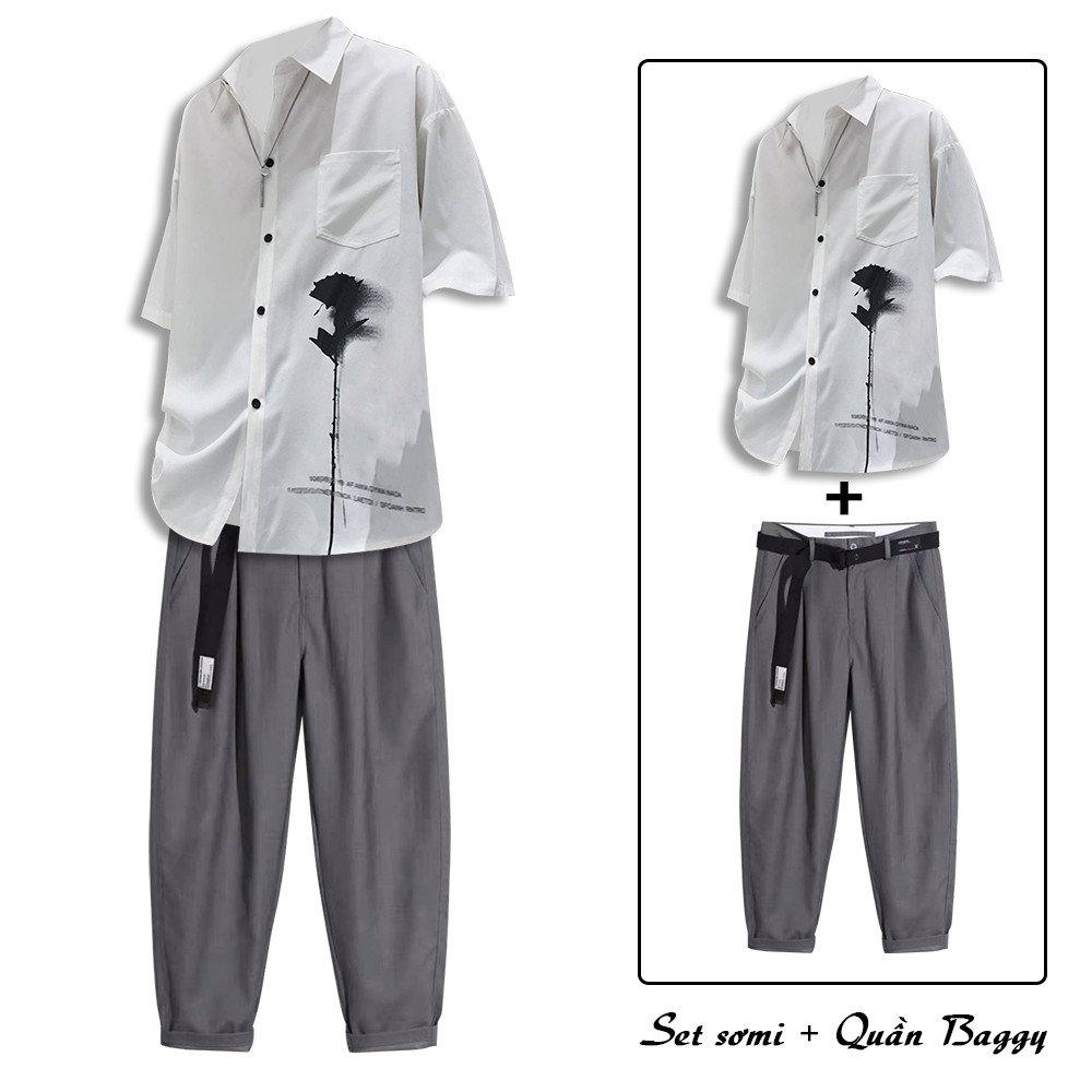 SOMI 41 + JOGGER 66 - Combo Áo Sơ Mi Ngắn Tay Hoa Hồng Kết Hợp Quần Tây Âu Chinos Dáng Baggy 3 Màu Basic ZENKODLMEN