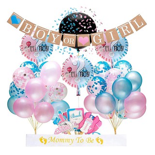 Bộ bong bóng lá kim loại có hoa giấy và dây cờ chữ Boy Or Girl dùng trong tiệc hé lộ giới tính em bé