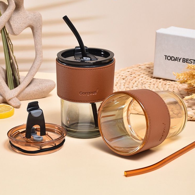 Cốc, ly thủy tinh bọc da 450ml kèm ống hút, chống bỏng chống rò rỉ cách nhiệt tốt