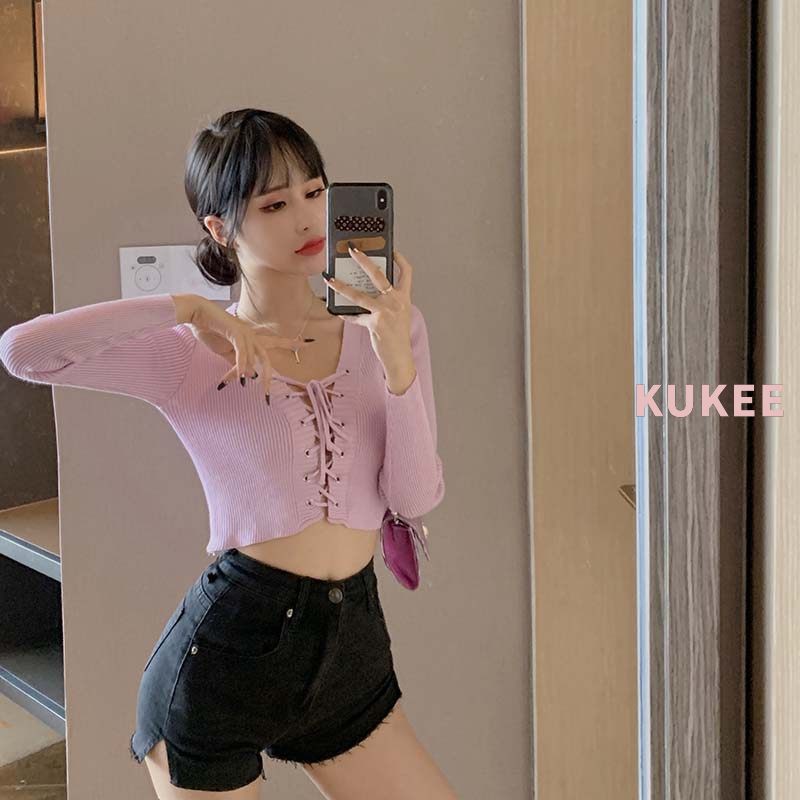 Áo Croptop Dài Tay Cổ Chữ V Xinh Xắn Phong Cách Hàn Quốc | BigBuy360 - bigbuy360.vn