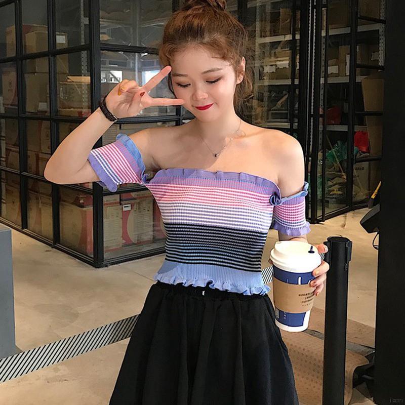 Áo croptop cổ ngang dệt kim họa tiết sọc ngọt ngào dành cho nữ