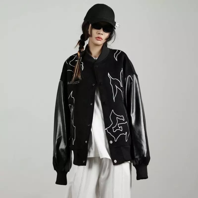 ÁO KHOÁC BOMBER PHỐI TAY DA NAM NỮ -AKD4-Vải kaki phối Tay Da cực ngầu hình thêu màu đen