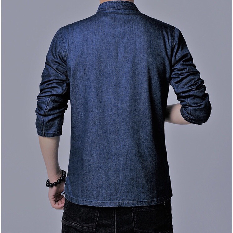 Áo Jean cổ tàu, áo jean nam, khoác jean nam chất jean mềm co dãn, xu hướng thời trang mới 2022