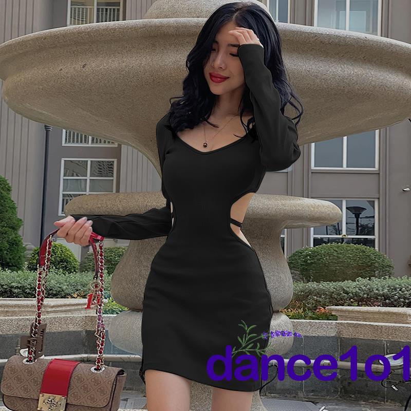 dance1o1-Đầm tay dài cổ chữ v màu trơn thiết kế hở lưng quyến rũ