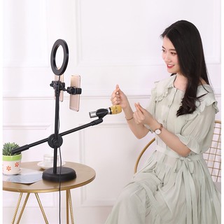 Đèn Live Stream 4in1 Để Bàn Có Chân Đỡ Micro LivesTream Hai Điện Thoại - Bộ Giá Đỡ