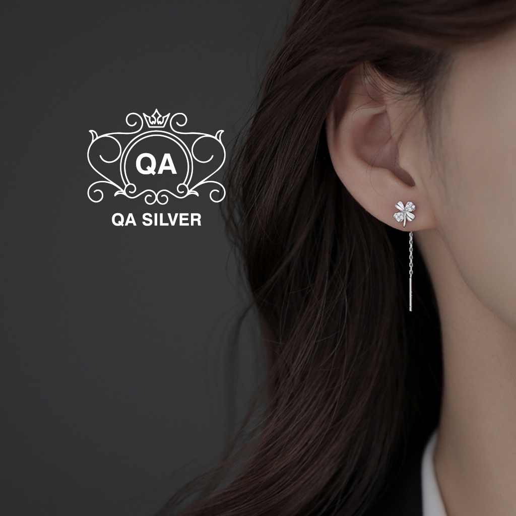 Khuyên tai bạc 925 cỏ bốn lá đính đá dáng dài bông nữ S925 CLOVER LEAF QA SILVER Earrings EA220706