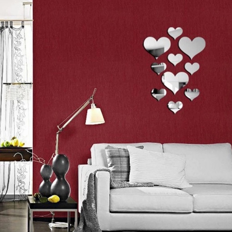 Bộ 10 miếng dán tường bằng acrylic tráng gương hình trái tim 3D có thể tháo rời trang trí phòng
