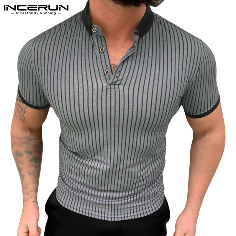 INCERUN Áo Thun Polo Ngắn Tay Thoải Mái Họa Tiết Kẻ Sọc Thời Trang Mùa Hè Cho Nam
