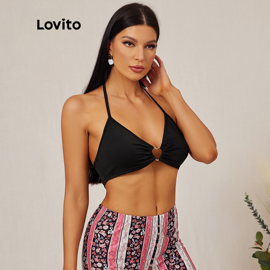 Áo sát nách LOVITO thiết kế trơn màu cổ yếm hở lưng phối khoen tròn thời trang mùa hè phong cách thường ngày L18D119 (Màu đen) | BigBuy360 - bigbuy360.vn