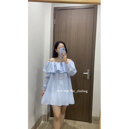 Váy trễ vai tiểu thư chất xốp, váy nữ dáng ngắn tay bồng