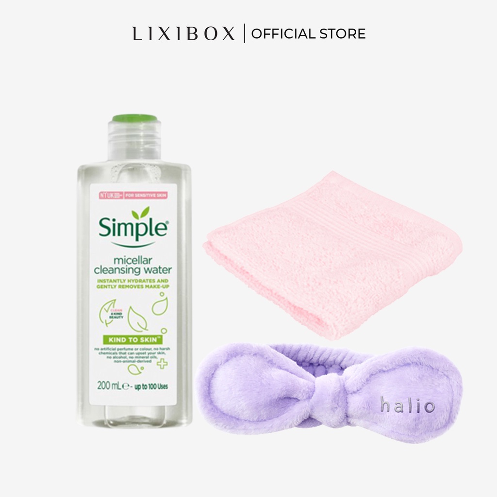 [HB Gift] Combo Nước Tẩy Trang Simple, Khăn mặt Cotton Lixibox Màu Hồng, Băng Đô Rửa Mặt Halio - Purple