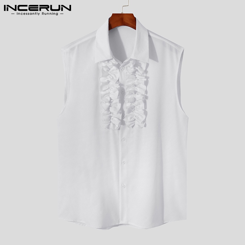 INCERUN Áo Sơ Mi Trắng Sát Nách Cổ Bẻ Cài Nút Thời Trang Cho Nam