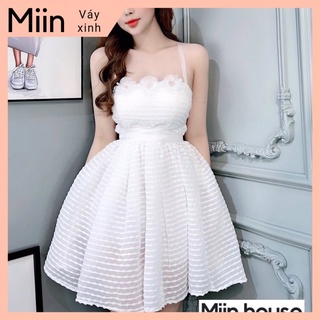 Váy xốp gân hoa ngực phối dây ruy băng