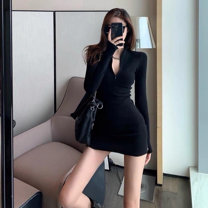 Váy Đầm Nữ Body Tay Dài Phối Khóa Kéo Trước Ngực Sexy Quyến Rũ Cực Xinh Henia. | BigBuy360 - bigbuy360.vn