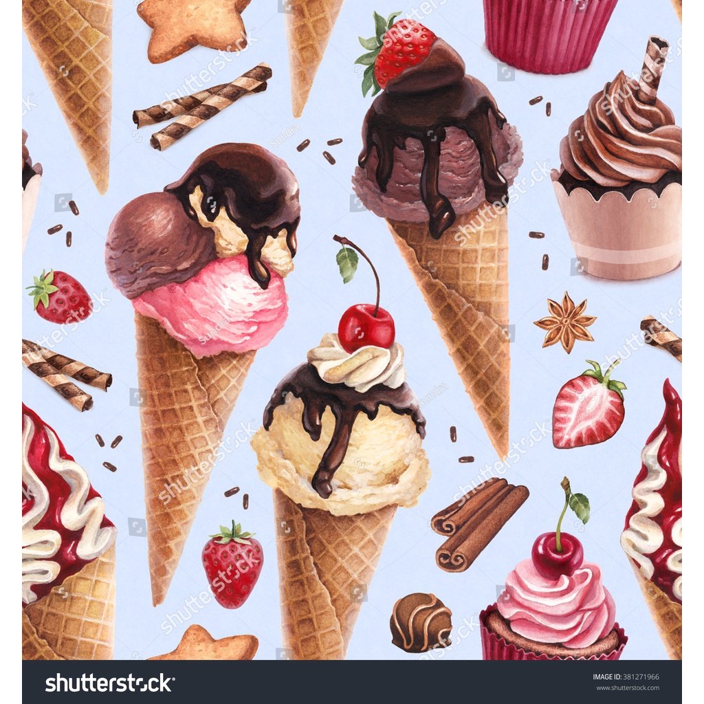 Tranh Dán Tường Giành Cho Quán Kem, Icream, Ốc Quế ngọt ngào, dễ thương nhiều Kích Thước Lựa Chọn