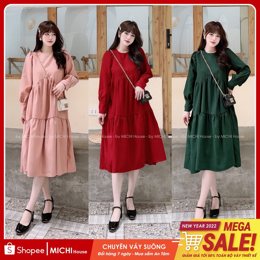 Váy Suông Dài Dáng Xuông Rộng MICHI House Đầm Babydoll Nhung Cổ Tròn Dài Tay Freesize Thu Đông Mặc Bầu Xinh V326