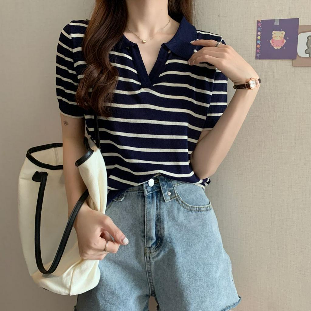 áo polo Nữ Tay Ngắn Họa Tiết Sọc Phong Cách Hàn Quốc