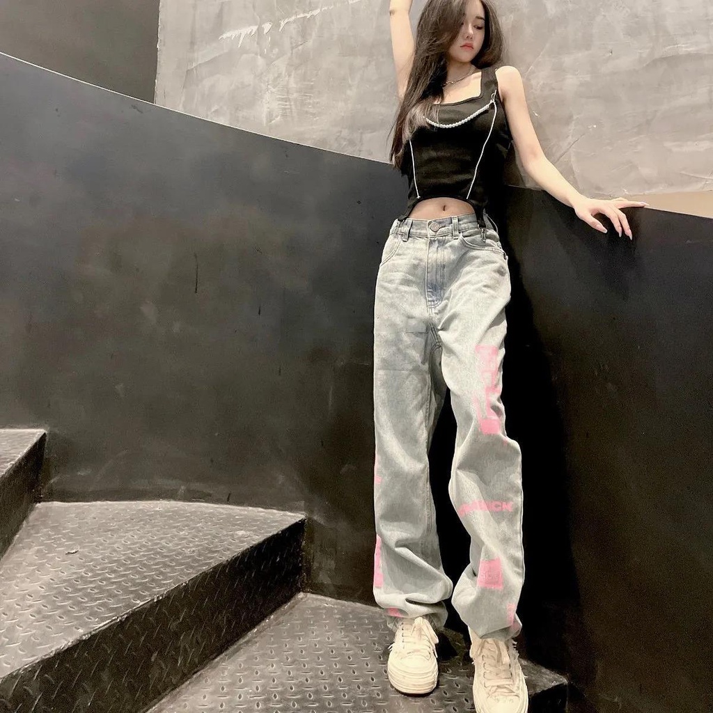 ✟✔Quần Jean Dáng Suông Ống Rộng In Họa Tiết Graffiti Phong Cách Đường Phố Cá Tính Cho Nữ
