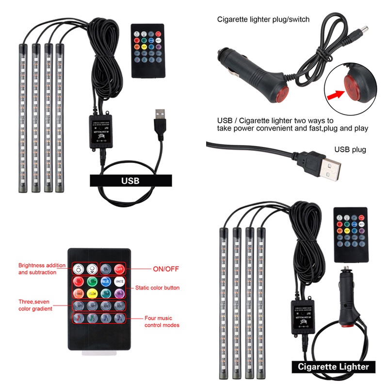 Dây Đèn LED 72 Bóng RGB Cổng USB Điều Khiển Từ Xa Trang Trí Nội Thất Xe Hơi