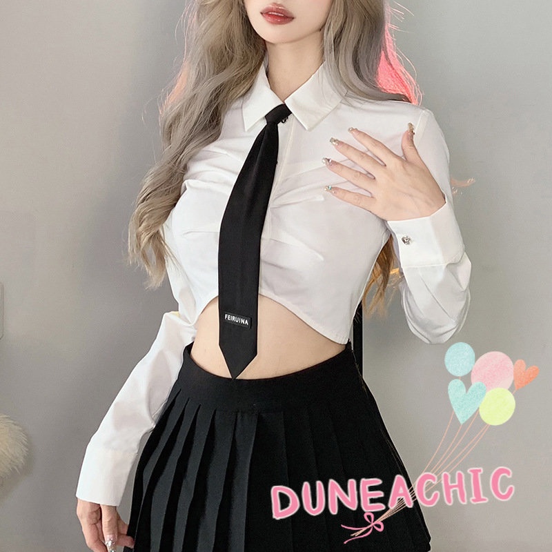 DUNEA Áo Sơ Mi Dài Tay Cổ Bẻ Phối Nút Thắt Nơ Xinh Xắn Cho Nữ