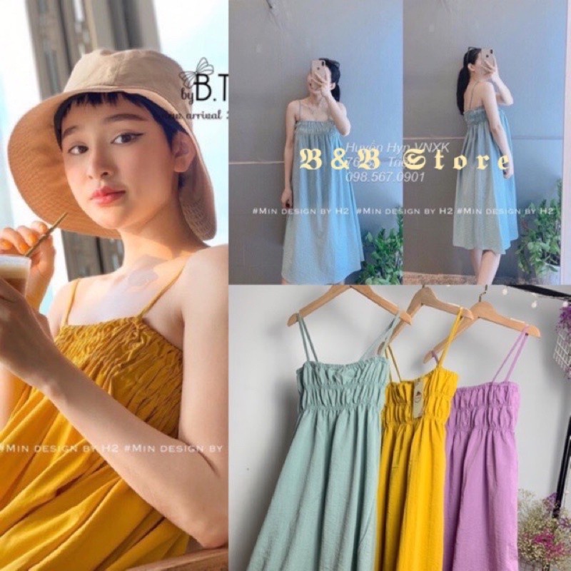 Váy maxi đi biển 2 dây chun ngực dáng dài đũi mềm dạo phố xinh xắn ba màu - Đầm xuông nhún ngực hai dây from rộng
