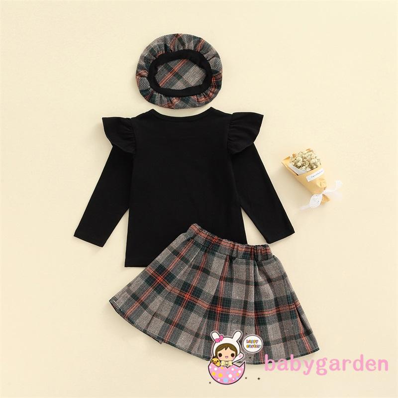 Bộ áo tay dài + chân váy kẻ sọc + mũ thời trang mùa xuân cho bé gái