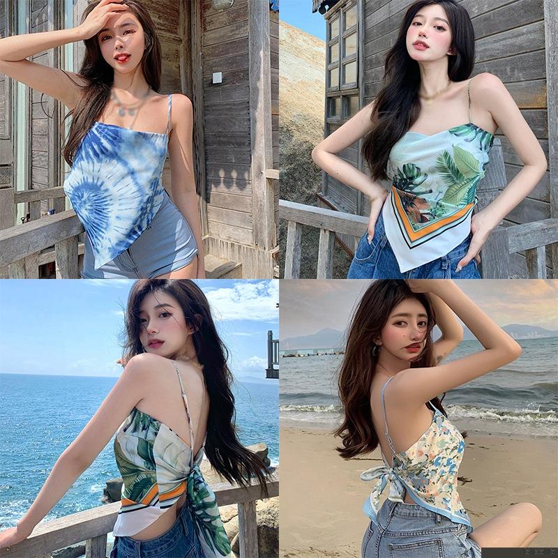 Áo Croptop Hai Dây Hở Lưng Thắt Nơ In Họa Tiết Thời Trang Quyến Rũ Cho Nữ