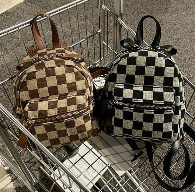 Balo nữ đẹp hoạ tiết caro 2 màu nâu đen size 21*19cm phong cách hàn quốc giá rẻ cho sinh viên học sinh-TM30